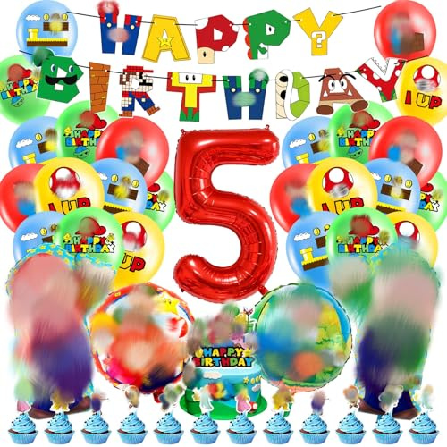 Birthday Party Decorations 5th for Girls Boys- Foil Balloons Happy Birthday Banner Cake Topper Decoration Latex Helium Balloons for Kids Baby Shower Cartoon Theme Party Ballon