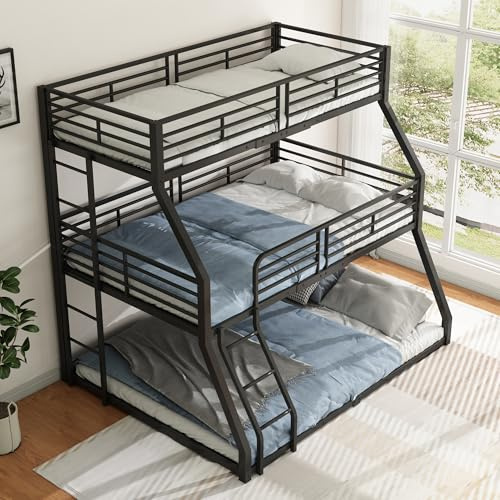 Kayan Dreifach-Etagenbett 90x200+140x200 cm für 3-4 Kinder, Kinderbett mit Treppe und Rausfallschutz, Metallbett Eisenbett Bettgestell für Kinder, Jugendliche und Erwachsene, Ohne Matratze (Schwarz)