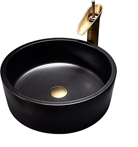 JKJZSALJ Standwaschbecken, 40,6 cm x 16,1 cm, rund, aus Porzellan, Keramik, Badezimmer, Waschbecken, Kunstbecken, Schwarz, freistehendes Waschbecken für Badezimmer