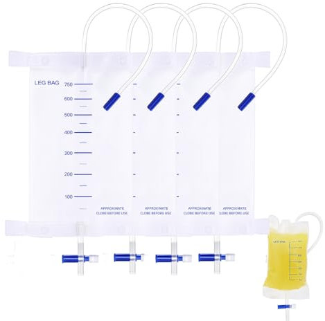 QOCUILC 5 Stück 750ml Beinbeutel mit T-Ablassventil Anti-Rückfluss Design Medizinisches PVC Verstellbare Stoffbänder Messskala 54cm Schlauch für Mobilität Pflege Inkontinenz Klinik Nachsorge