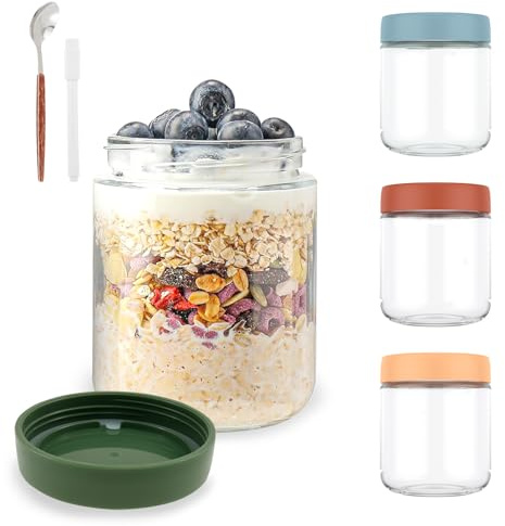 TNTGMG Récipient d'avoine de Nuit, 4 Pots en Verre de 500ml avec Couvercle et cuillère, Tasse de récipient d'avoine scellée, Pot de Salade Mason à Large Bouche avec Stylo marqueur d'avoine, céréales