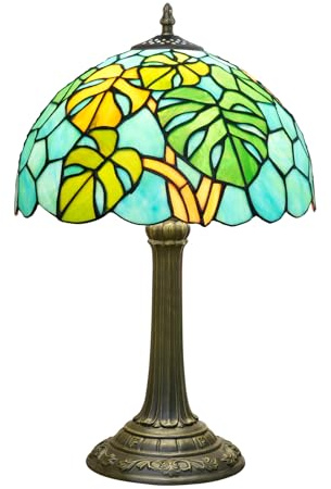 NUODITOS Tiffany Lamp Monstera Deliciosa Style Stained Glass Table Lamp Vintage Monstera Swiss Cheese Plant Bedroom Bedside Light for Home Dorm Office Art Craft Antique Decor 12x12x19 Inches