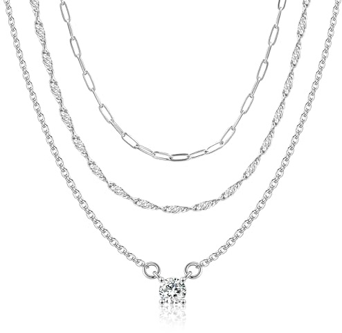 ALEXCRAFT 14K Vergoldet Layered Kette 2in1 Silber Zirkonia Halskette Damen | Verstellbares Doppel Stapelbare 2 Layered Kette mit Zirkonia Anhänger Halskette Boho Layering Schmuck Ketten Damen Frauen