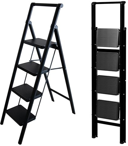 UABA Escalera Plegable 4 peldaños Negra, Ligera y compacta, peldaños Anchos Antideslizantes, certificada EN 131