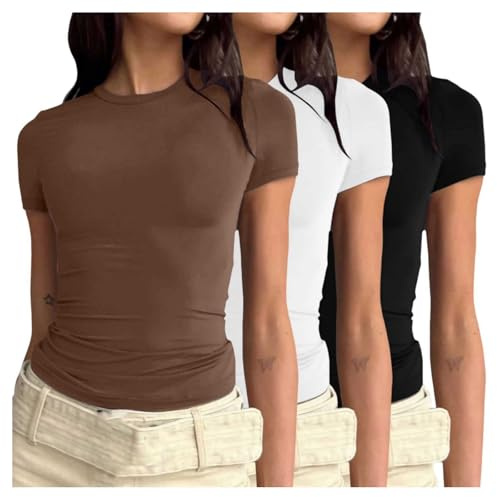 Lot de 3 t-shirts à col rond à manches courtes pour femme - Basic Y2k - Crop Tops d'été - Couleur unie - Blanc - Pour la gym - Coupe ajustée - Élégant, Noir , M