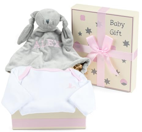 Geschenk für Neugeborene Jungen und Mädchen mit Basic-Body und Schmusetuch, ideales Körbchen zum Anziehen und Kuscheln, personalisiertes Körbchen (Rosa)