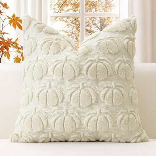 JOTOM Fundas de Cojín Calabaza 45x45cm de Lana de Peluche de Piel Falsa Suave Decorativas para Sofá Dormitorio del Hogar Otoño Acción de Gracias Crema