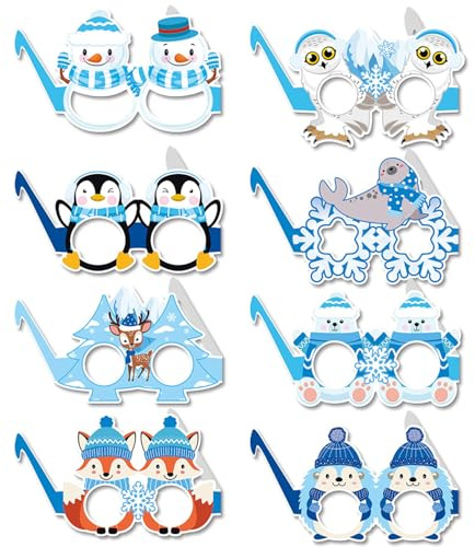 16 gafas de Navidad de invierno, accesorios de decoración para fiestas infantiles, máscaras de gafas, diseño blanco y azul, divertidos artículos de fiesta, decoración para fiestas de cumpleaños para