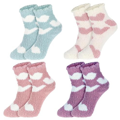 ChAusa 4 Pares Calcetine de Peluche para Mujer, Invierno Calcetine Vellón, Novedad Funky Lindo Calcetines Divertidos Calcetines Gruesos Mujer, para Mujeres y Niñas (Blanco, Rosa, Morado, Verde)