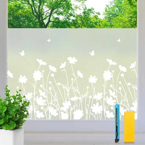 Aurathon Fensterfolie Blickdicht Sichtschutzfolie Fenster Milchglasfolie Blumenmuster 90 x 200 cm mit Montagematerial Effektiver Sichtschutz Anti-UV Statische für Schlafzimmer, Büro, Badezimmer