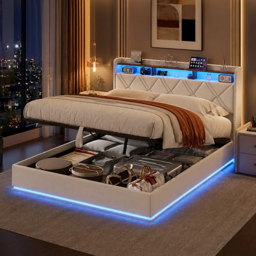 QMTXBYJ Letto Matrimoniale con contenitore 160x200 con LED e Porta USB, Letto imbottito 160x200 con contenitore idraulico e ripostiglio testiera, Struttura letto con rete a doghe in Legno,Lino