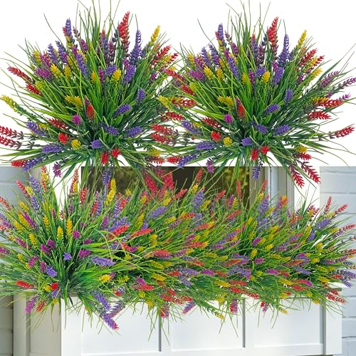 16Bundles Artificial Flowers Outdoor Plants UV Resistant Lavender Flowers | Fake Shrubs Greenery Plants, Realistic Plastic Faux Flowers for Hanging Baskets Garden Porch Window Patio Home Décor