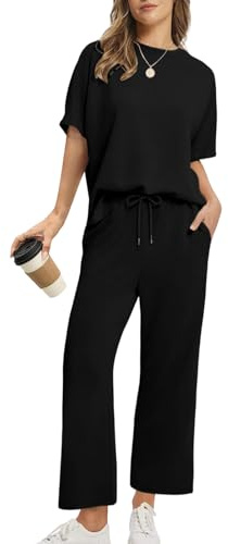 Rayson Tuta Estiva Donna Sportiva con Scollo Rotondo e Ampie Tasche Completo Tuta Donna T-Shirt & Pantaloni Casual per Jogging, Training, Casa, Working(Nero,M)