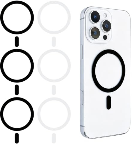 6 Piezas Pegatina Anillo, Metal Ring Universal para Magnético Adhesivo Imán Compatible con Phone 16 15 14 13 12 Galaxy S22 S21 Serie Cargador Inalámbrico Negro y Blanco