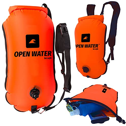 OPENWATER aufblasbare Schwimmboje und 3-in-1-Rucksack — große Boje mit Trockentasche für Dinge 28L — Triathlonboje