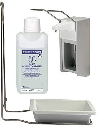 Medi-Inn Wandspender Aluminium Langer Armhebel für 500 ml Euroflaschen + Medi-Inn Tropfschale mit Edelstahlgehäuse + Bode | Hartmann Sterillium Virugard 500 ml