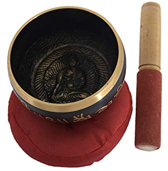 Tibetan Singing Bowl Set - Chakra-Schüssel mit antikem Design, Holzklatsche und rotem Kissen für Yoga-Meditation, Achtsamkeit und Entspannung
