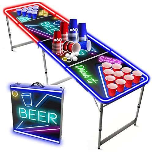 Beer Pong Offizieller Spotlight Tisch Set | Mit LED Beleuchtung | LED Full Pack | Inkl. 1 Tisch + 120 Becher 53cl (60 Rot & 60 Blau) + 6 Ping-Pong-Bälle | Premium Qualität