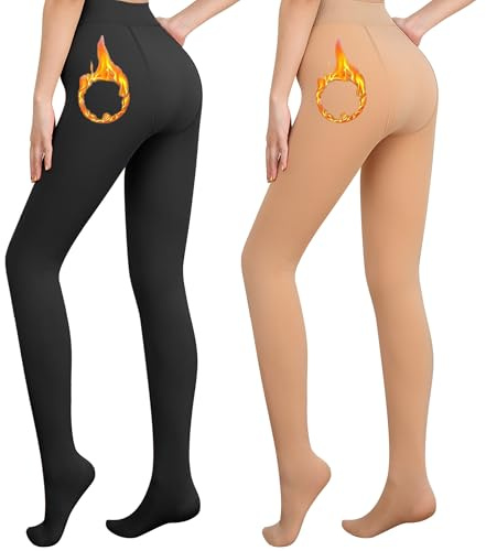 Libella Termiska strumpbyxor för kvinnor med innerfoder vinter varm ogenomskinliga termiska tights gosiga sömlösa treggings hög linning sport tight flerfärgad 4152, 2-pack – svart + beige, M