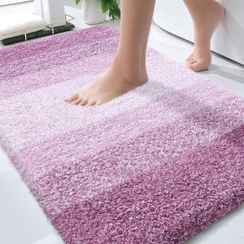 Olanly Luxuriöser Badezimmerteppich, extra weiche und saugfähige Mikrofaser-Badvorleger, Rutschfester Plüsch, zotteliger Badteppich, maschinenwaschbar, Badvorleger für Badezimmerboden, 50x81 cm, lila