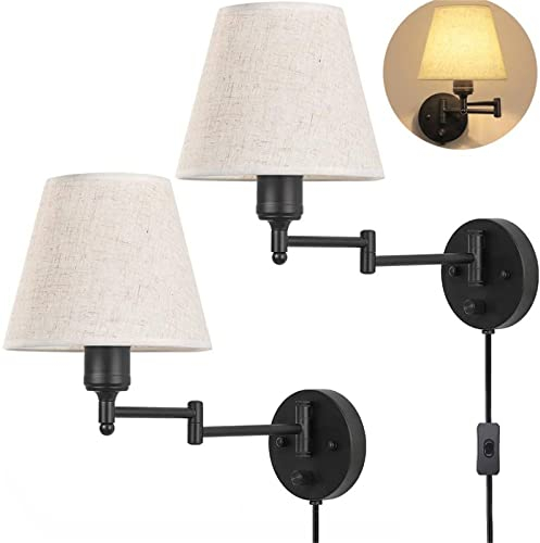 Langer Arm Bettleuchte Wandleuchte mit Schalter und Stecker Wandlampe Innen E27 Stoff Lampenschirm Industrial Schwarz Bettlampe Wand-Leselampen mit 1,8 m Kabel, für Wohnzimmer Schlafzimmer (2 Stücks)