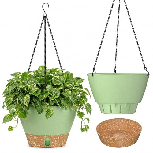 ZMTECH Hängetopf für Pflanzen, 25cm Blumentopf Ampel Hängend, Kunststoff Hänge Blumentopf mit Untersetzer für Außen Draußen Deko für Garten Balkon Wohnzimmer(2er-Set, Grün)