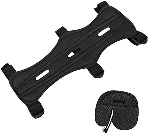 WANGCL 1 Set Bogenschießen Armschutz Bogenschießen Fingerschutz Verstellbarer Bogenschießen Armschutz Schwarz Leder Armschutz