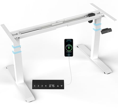 Flamaker Höhenverstellbarer Schreibtisch Gestell 74CM-133CM Tischgestell höhenverstellbar 3-stufige mit USB-Buchse, 4 Memory-Steuerung, Rollen, Häkchen(Weiß)