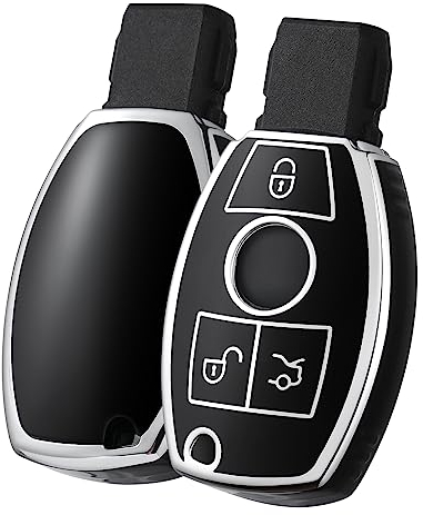 OATSBASF Autoschlüssel Hülle für Mercedes Benz, Schlüsselhülle Cover für Mercedes Benz W204 W211 2-3 Keyless Tasten A B C E Class (Silber Rand-Schwarz)