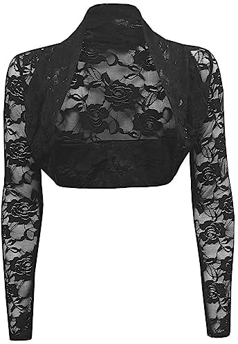 Buliezy Dam spetsbolero långärmad kofta Shrug kort axeljacka genomskinlig blommor cardigan topp, svart, S