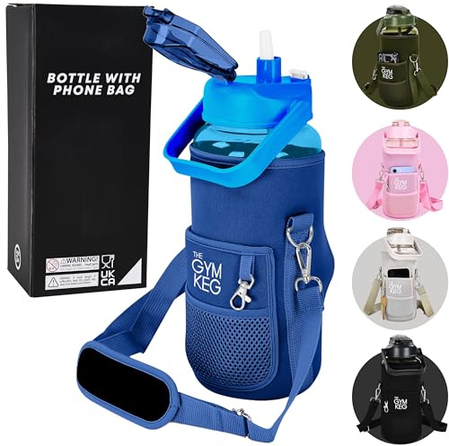 Gym Keg 2.2L Water Bottle Carrier with Shoulder Strap - Includes Phone Holder - Leak Proof - Bottle Holder Bag - Large Capacity - Gym Water Bottle with Sleeve for Active Lifestyle - Classic Blue