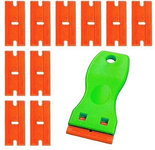 Plastic Razor Scraper Tool with 10 Plastic Razor Blades, Car Sticker Remover for Removing Glue Sticker Decals, Scraping Stickers, Labels and Decals from Glass, Windshields A3SSGD (Green)