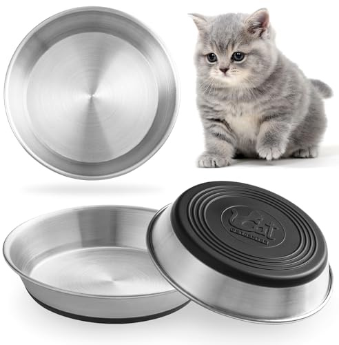 WROSWT Edelstahl-Katzennäpfe, Schnurrhaarfreundlich, flach, für Futter und Wasser, rutschfeste Silikonunterseite, strapazierfähig, Ersatz-Kätzchen-Metallplatte für erhöhte Ständer, 3 Stück