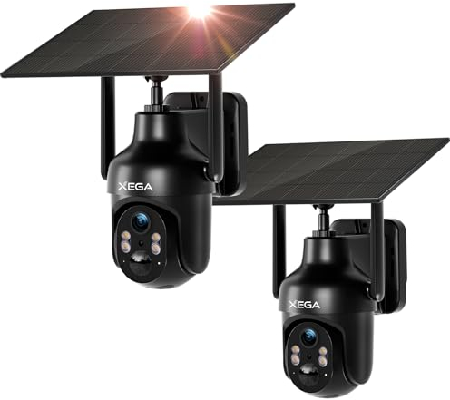 Xega 2 Pack Solar Camera Outdoor Wireless, 360°View 2K PTZ Security WiFi CCTV with 5200mAh Rechargeable Battery IP Camera, Color Night Vision, 2-Way Audio, PIR Detection, IP66