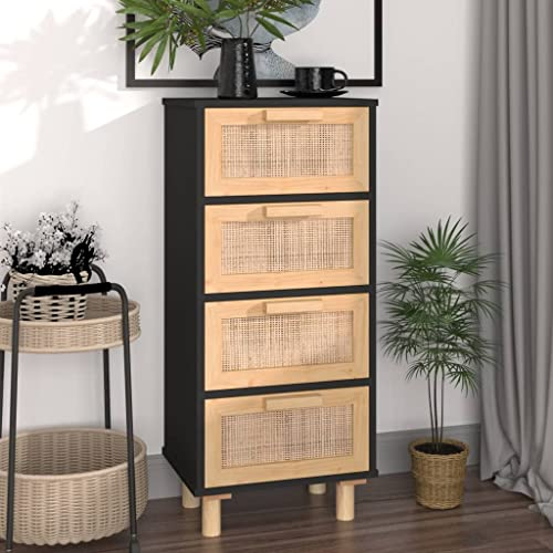 Homgoday Sideboard Beistellschrank Aufbewahrungsschrank Lagerschrank Schrank mit viel Stauraum Mehrzweckschrank für Wohnzimmer Schwarz 40x30x90cm Massivholz Kiefer und Natur-Rattan