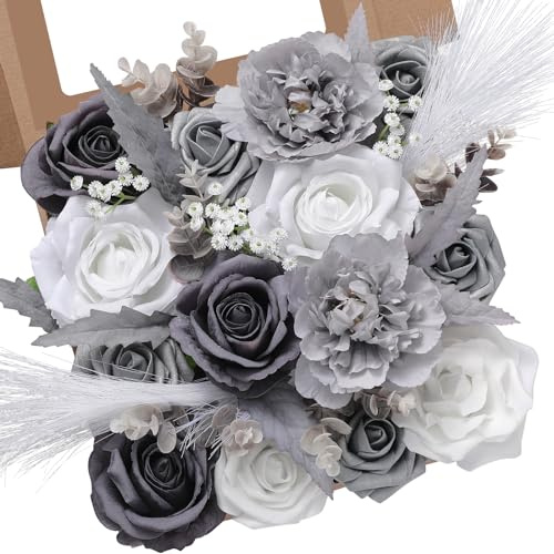 Serwalin Set di fiori artificiali grigi, fiori di seta con steli, realistici fiori finti per torte per bouquet da sposa, centrotavola, decorazione per baby shower