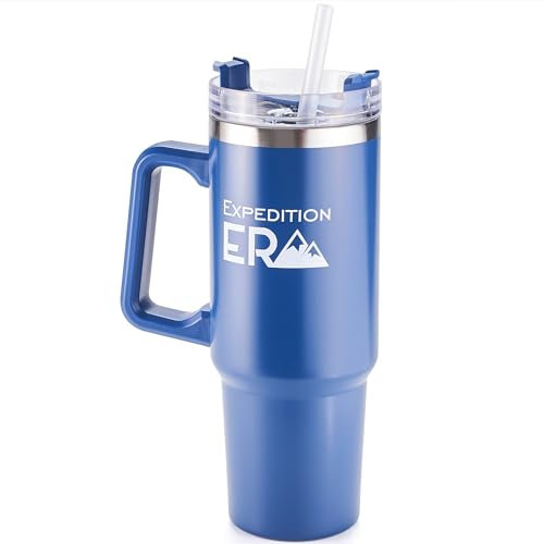 Thermobecher mit Strohhalm 880ml - Trinkbecher mit Deckel und Henkel 30oz - Edelstahl Isolierbecher Groß - Tumbler Thermo Becher mit Griff - Trink Reisebecher - Kaffeebecher to Go XXL (Blau)