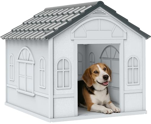 PawHut Caseta para Perros Medianos 65x75,7x63 cm, Casa para Perros con Patrón de Ventana, Techo de Tejas de Imitación, para Interior y Exterior, Gris y Blanco