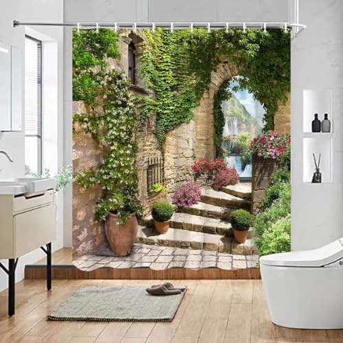 ZXBNNN Tenda da doccia per giardino esterno Architettura stradale Botanica Floreale Vintage Vecchio stile Porta Scena rustica Arredamento bagno 150x190 cm (59,06x74,8 pollici)