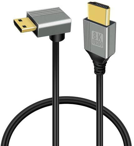 GELRHONR 8K Câble Mini HDTV vers HDTV, mini mâle vers mâle 48 Gbps Prise en charge 8K@60Hz Video4K@144Hz pour appareil photo, caméscope (0.5M Up Angle)