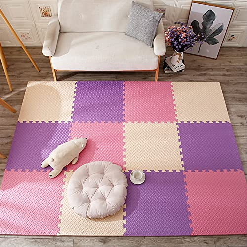 Spielmatte aus weichem Eva-Schaum, 60 cm x 60 cm x 2,5 cm, ineinandergreifendes Puzzlematten-Set mit Rändern für Zimmer, Wohnzimmer, Fitnessstudio, Schwimmbad, Beige + Rosa + Lila, 8