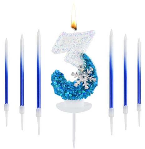 Geburtstagskerzen Zahlen, 3D Blue White Frozen mit Schneeflocke Geburtstagskerze, Kerzen Geburtstag Zahlen mit 6 Langen Kerzen in Farbverläufen, Geburtstagskerzen für Geburtstagsdeko (3)