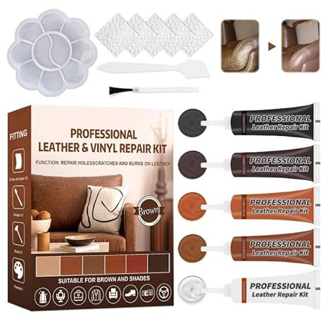 Miioto Kit Riparazione Pelle Divano, 5 Colori Crema di Riparazione in Pelle, Balsamo Riparazione Pelle, Cuoio Liquido, Kit di Riparazione in Pelle Misti per Divano, Seggiolino Auto, Giacca Pelle