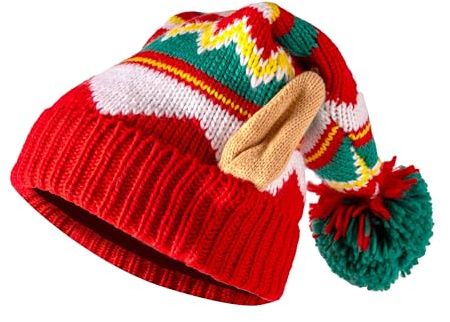 Giggling Getup Warme Strick-Weihnachtsmütze, Beanie-Mütze mit Bommeln, weihnachtlich gestrickte Weihnachtsmannmütze mit roten und grünen Streifen für Jungen, Mädchenmütze für Weihnachtsgeschenke