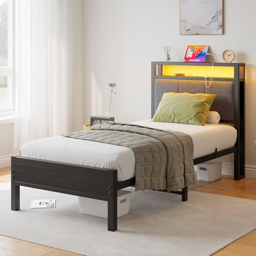 FOUBAM 3FT Single Bed Frame with Storage Headboard, Black | Metal Single Bed with Upholstered Headboard, LED Lights and Charging Station, Heavy Duty Metal Slats Support,Easy Assembly