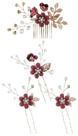 4 Stück Blumen Haarschmuck,Haarkämme Haarnadeln Set,Elegante Perlen U-Förmige Clip,Brautschmuck,Hochzeit Haarspangen Kopfschmuck für Haare,für Party Prom Hochzeit Abendessen,Weinrot
