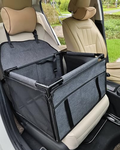 GoBuyer Waterproof Pet Dog Car Seat Booster Carrier Box and Basket with Seat Belt Harness Restraint for Puppy Cat Travel (Grey, Medium 50x40cm)