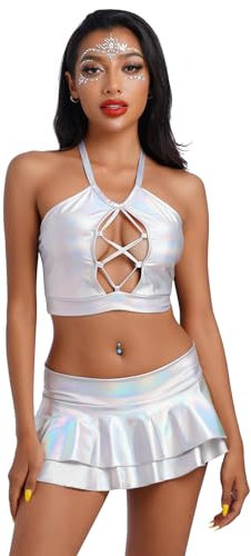 ABEHIK Damen Alien Kostüm Sexy Metallic Crop Top+Mini Röcke Techno Glitzer Rave Outfit Disco Bekleidung Partyrock weiß 4 M