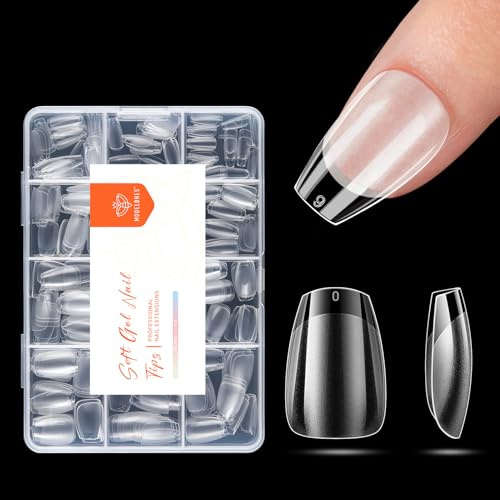 Modelones Faux Ongles, 216Pcs Capsule Americaine Ongles Semi Givré Capsules Coffin Court XS Gel Faux Ongles Ongle Pose Americaine, 12 Tailles Couverture Complète