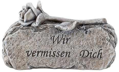 MF Gedenkdeko aus Polyresin, Wir vermissen Dich mit Rose, grau, 16 cm, 160 g